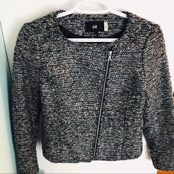 H&M Gray Moto Zip Up Tweed Jacket Size 6 - Picture 3 of 6